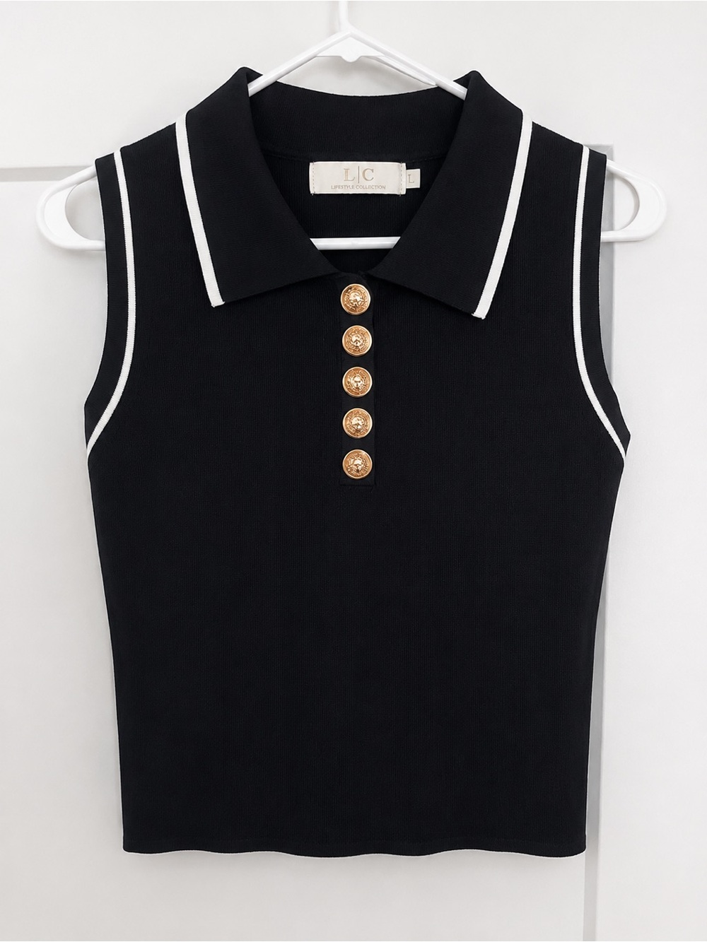 Black Sleeveless Polo Tank with Gold Buttons